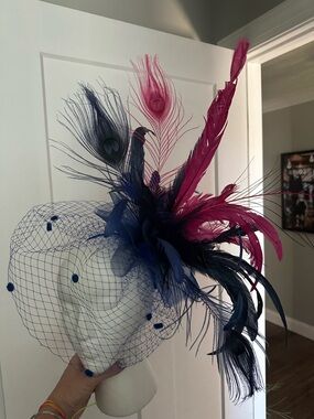 Navy and Fuchsia Feather Fascinator with Veil